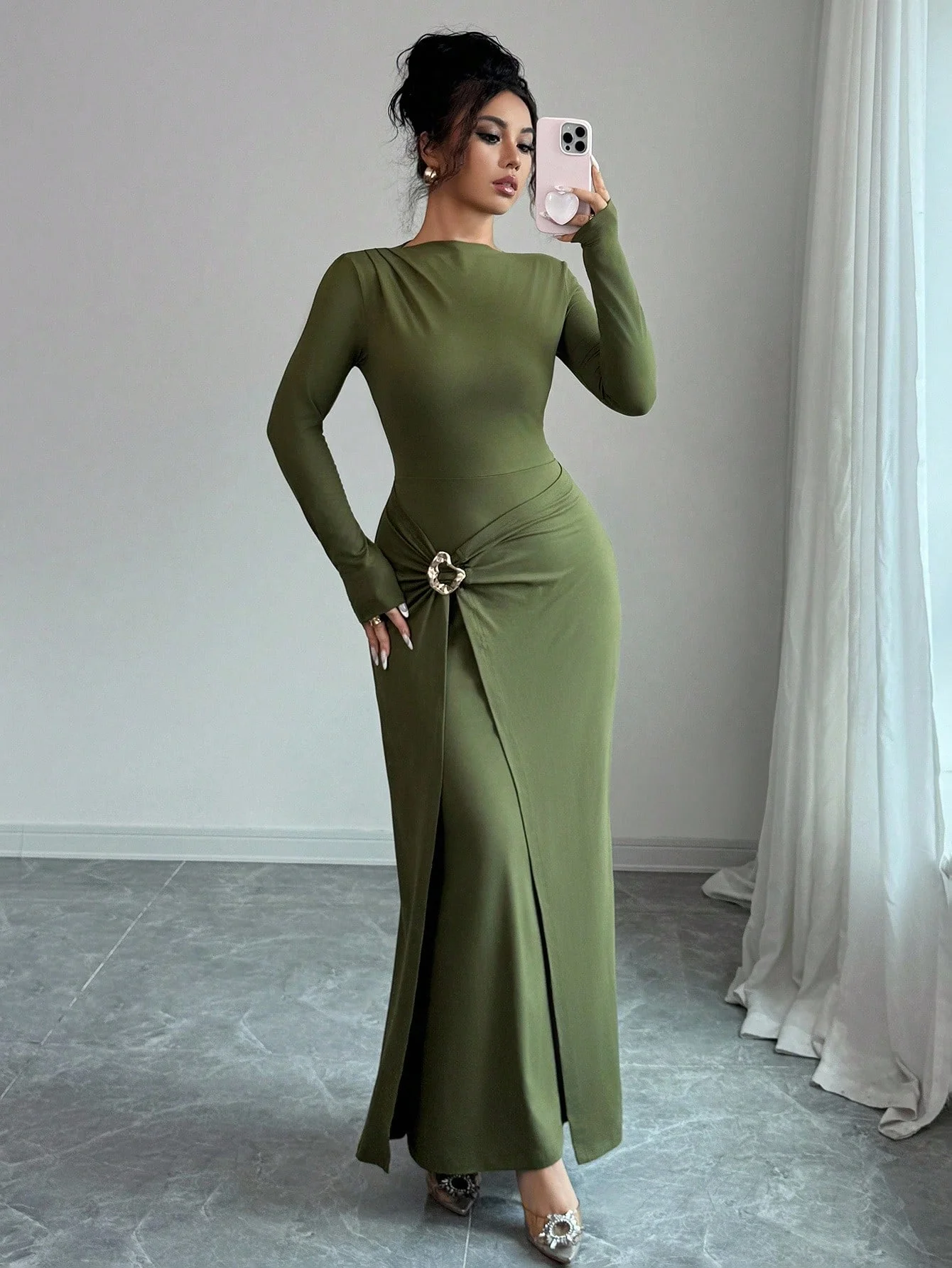 

Pop Spring And Autumn New Fashionable French Style Solid Color Long Dress