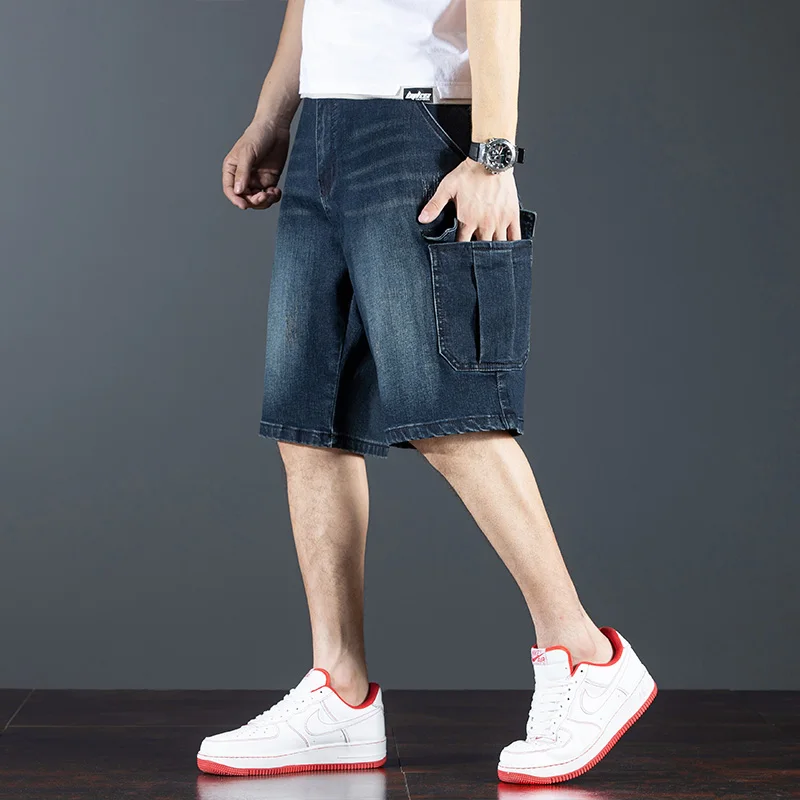 New summer 2025 Dark blue workwear multi-pocket denim shorts men Fashionable casual loose men's denim shorts Large size 28-44