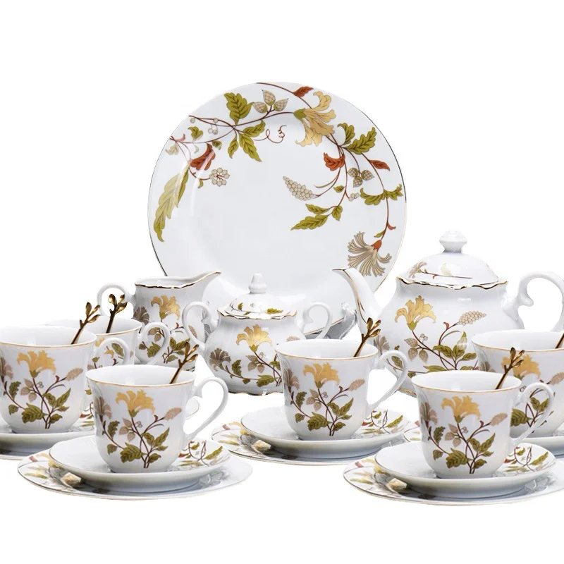 

European Flower Coffee Cup and Saucer Teapot Set Ceramic Plate Vintage English Afternoon Tea and Coffee Cups Set