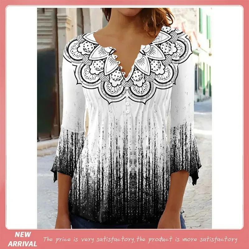 

Summer Women's V-Neck Button T-Shirt Street New Fashion Loose Seven-Point Sleeve Shirt 3D Printed Casual V-Neck T-Shirt Top