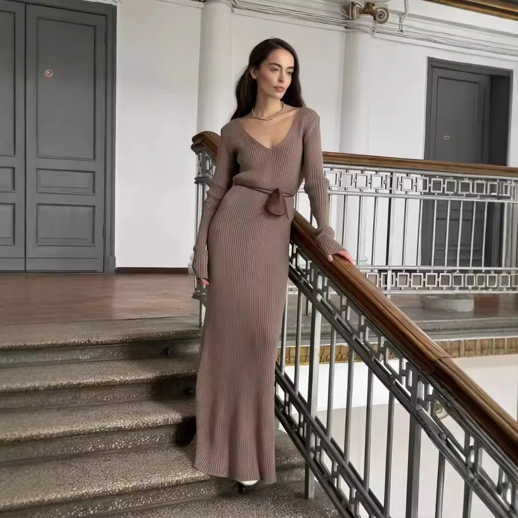 Women's New Solid Color Long Sleeve V-neck Slim Bodycon Knitted Maxi Dress Trendy Elegant Fashion Dresses