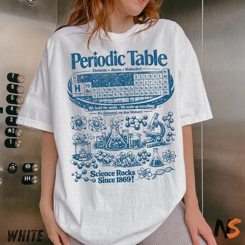 T-shirt vintage sur le thème de la table périodique, t-shirt graphique scientifique amusant, t-shirt avec diagramme de chimie académique des années 90, haut humoristique sur le thème du laboratoire geek