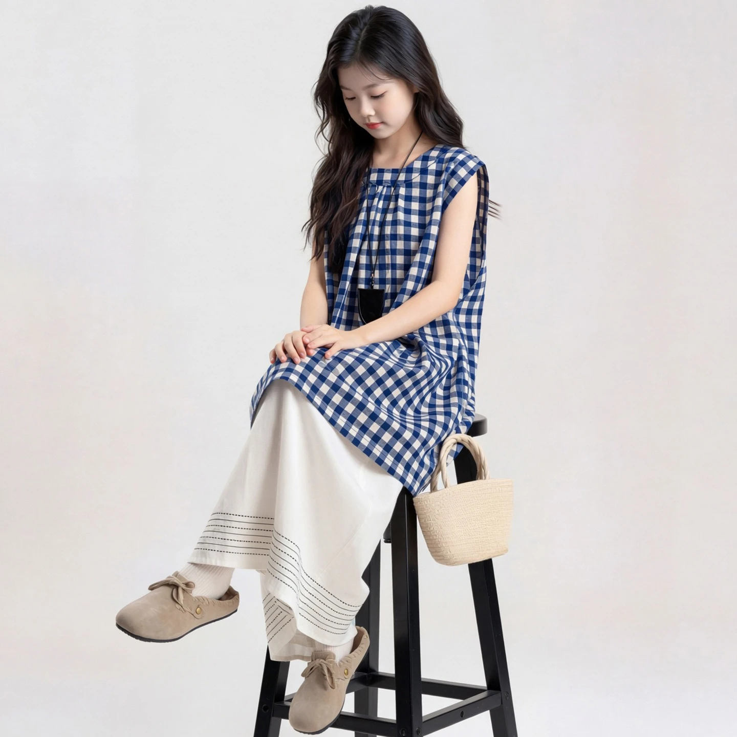 Girls' 2026 new style girl, middle-aged, and big girl with cute blue plaid sleeveless skirt and white striped printed wide legs