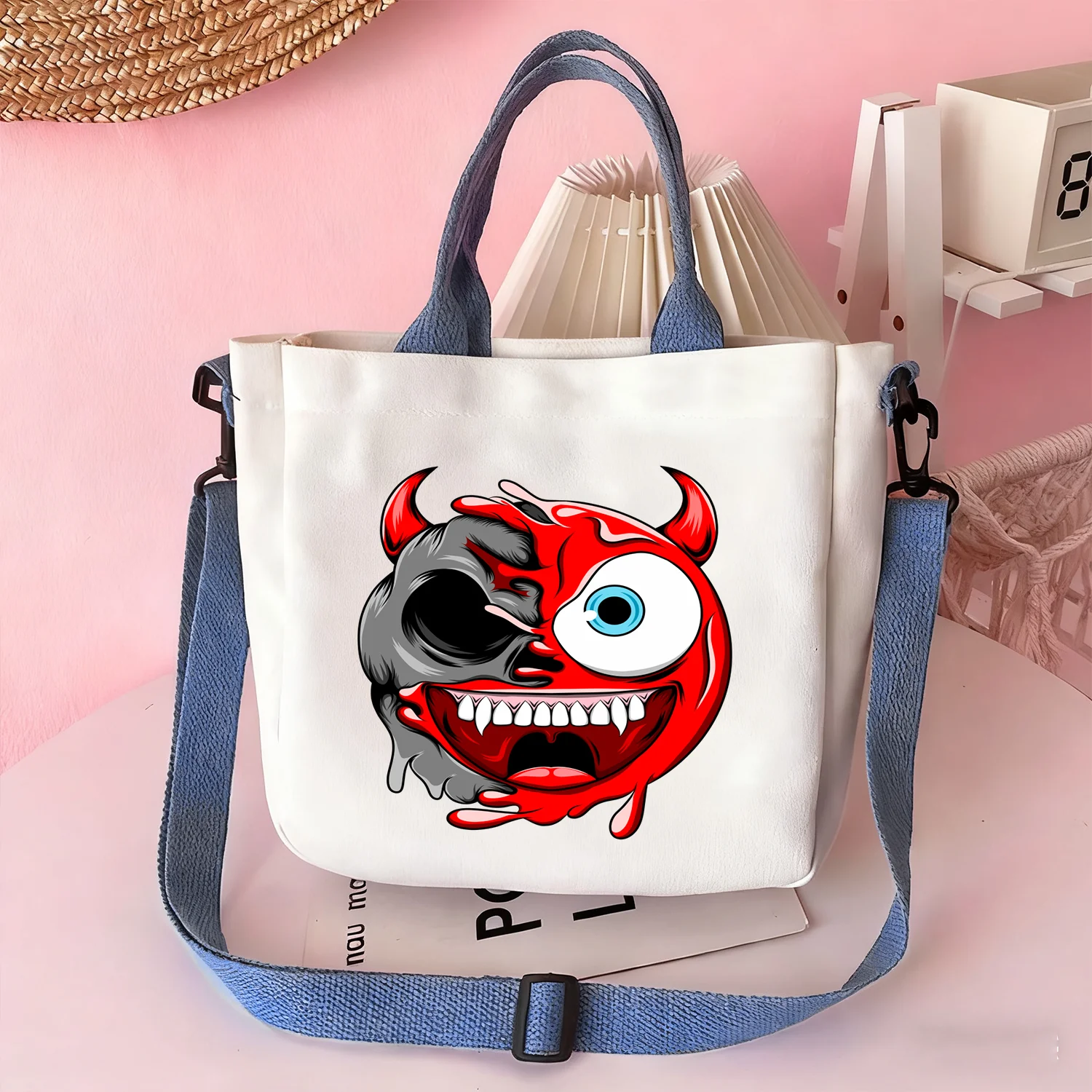 

Сумка-тоут и сумка через плечо Red Devil Smiley Face — стильная сумка для путешествий, отпуска и хранения косметики