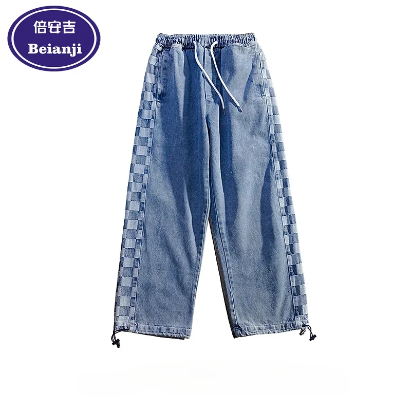 Beianji men jeans vintage oldschool color contrast checkerboard print loose straight pipe fashion ins high street casual pants