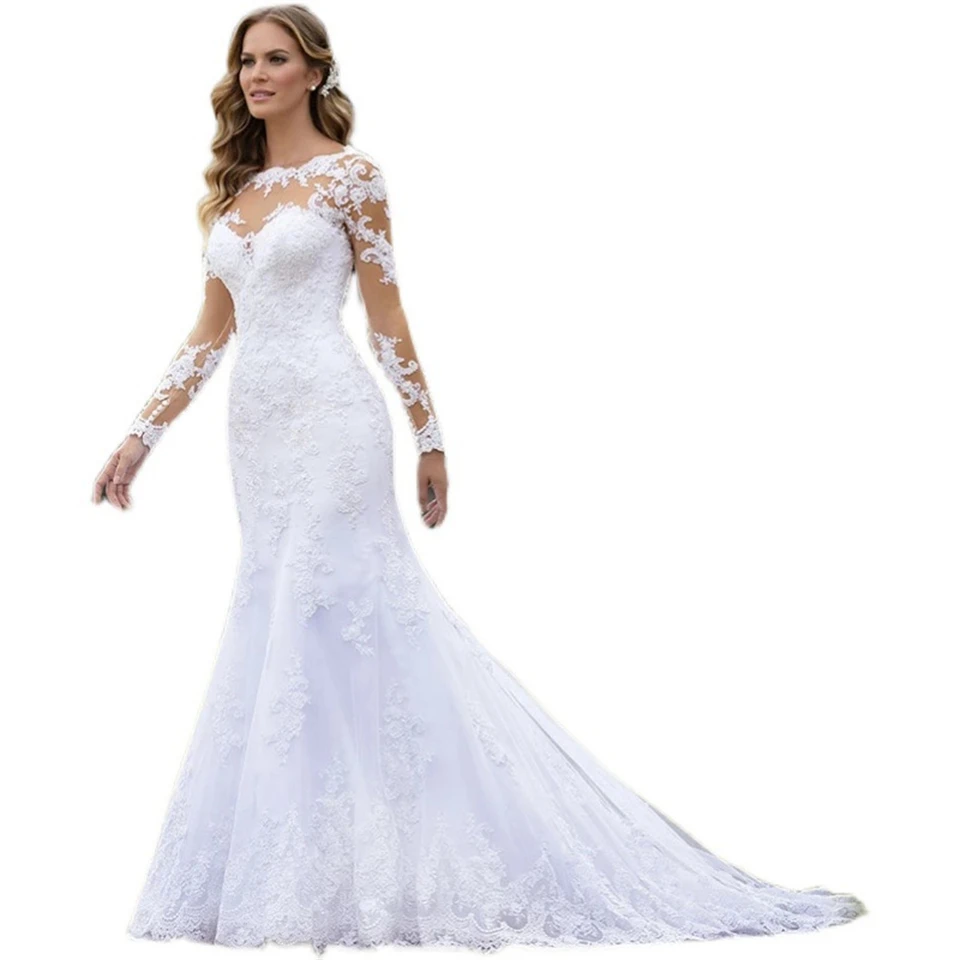 Elegant 2024 O-Neck Appliques Illusion Full Sleeves Mermaid Wedding Dresses for woman Court Train Bridal Gowns Vestidos De Noiva