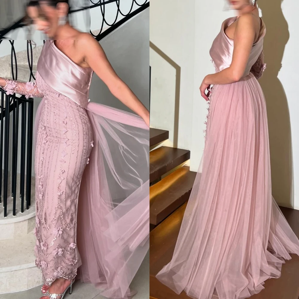 Customized Luxury One Shoulder Evening Dress Exquisite Long Sleeves Prom Dresses Temperament Tulle Special Occasion Gowns