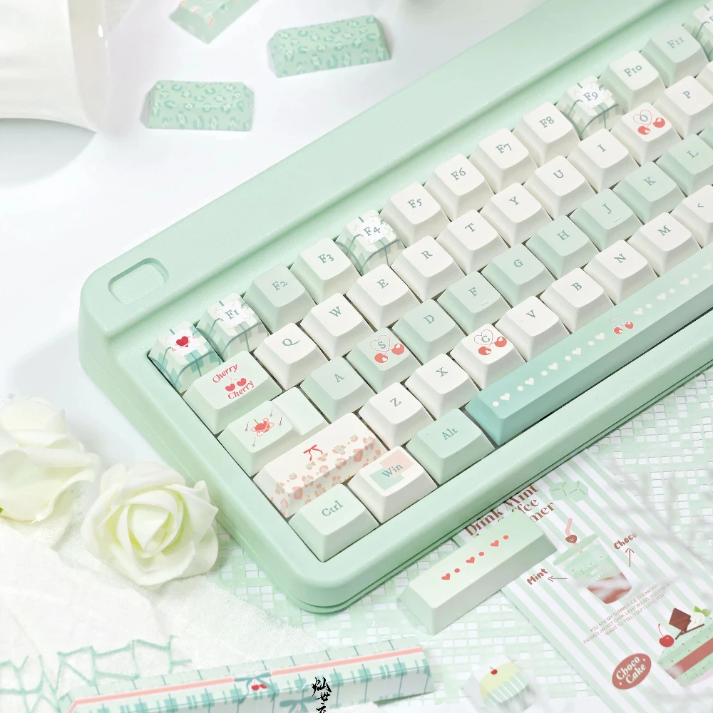 Cherry Bomb Theme Keycap PBT Material Thermal Sublimation Cherry Profile White Green Small Fresh Keycaps for Mechanical Keyboard