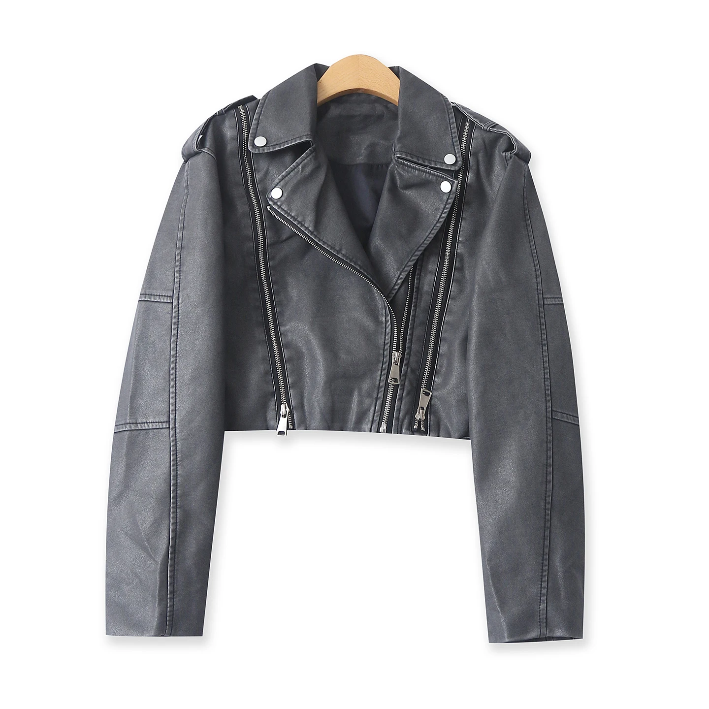 Fashionable Loose PU Leather Biker Jacket Women's Spring Autumn New Style Zipper Long Sleeve Shirt Turn-down Collar 33913