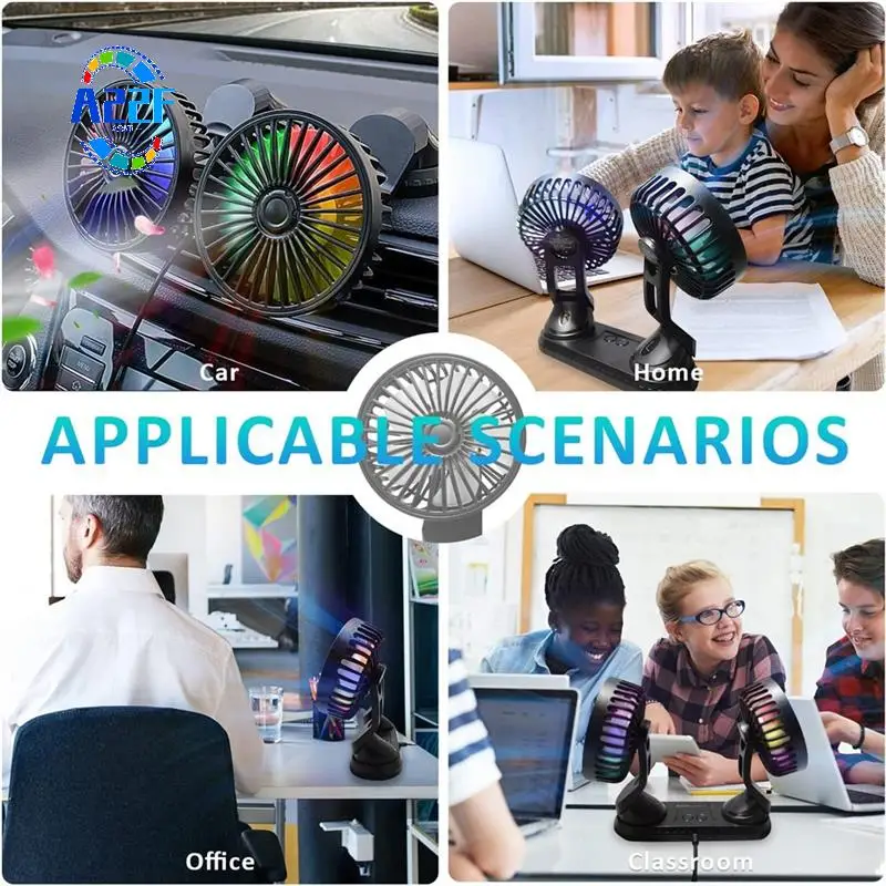 

A22F-Car Fan, 360° Adjustable Dual Head USB Cooling Air Fan Low Noise Fan For Car SUV RV Truck ,With Coloured Light