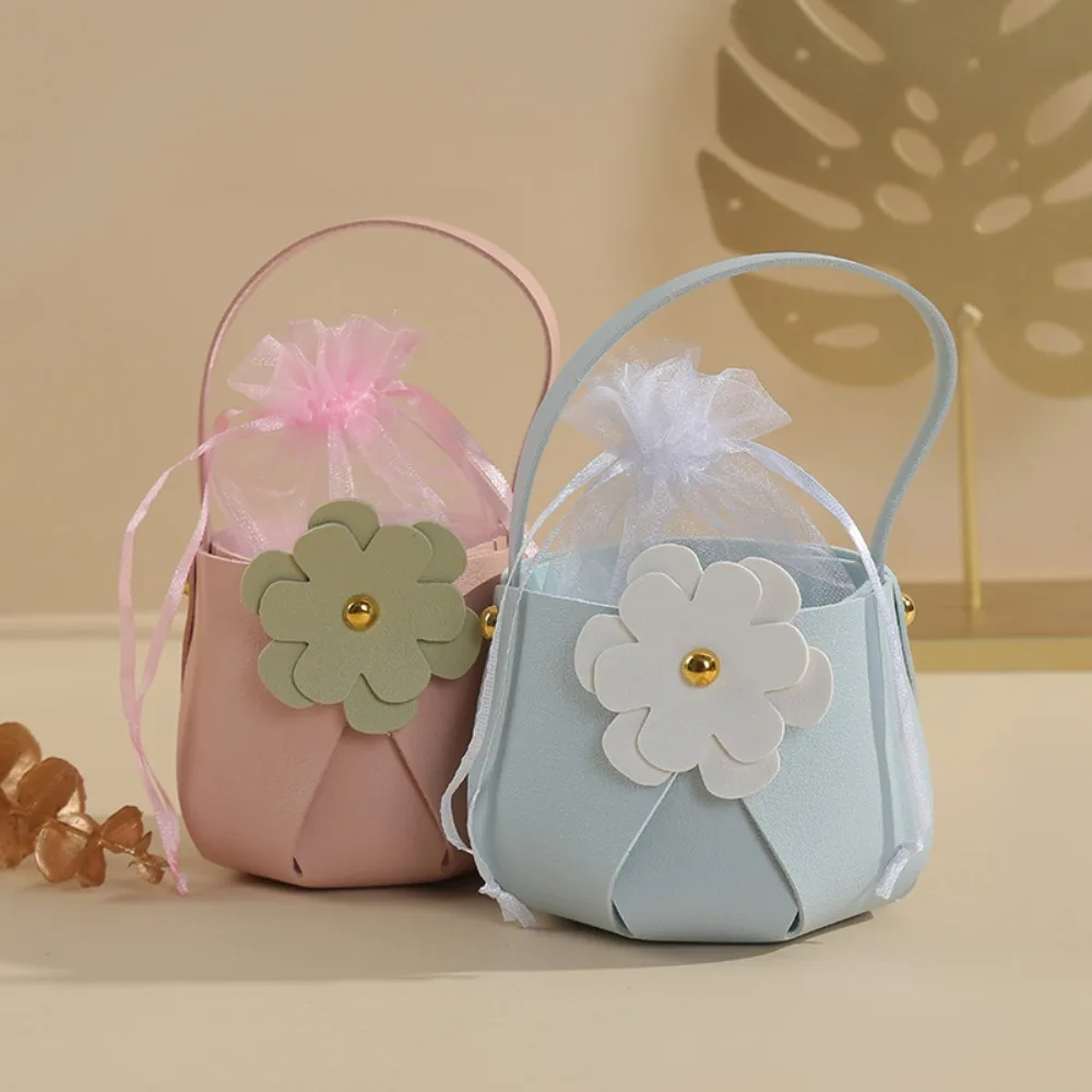 Scatola vuota PU Candy Leather Gift Bag petalo di metallo Wedding Flower Skin Basket cucito filato secchio borsa Festival