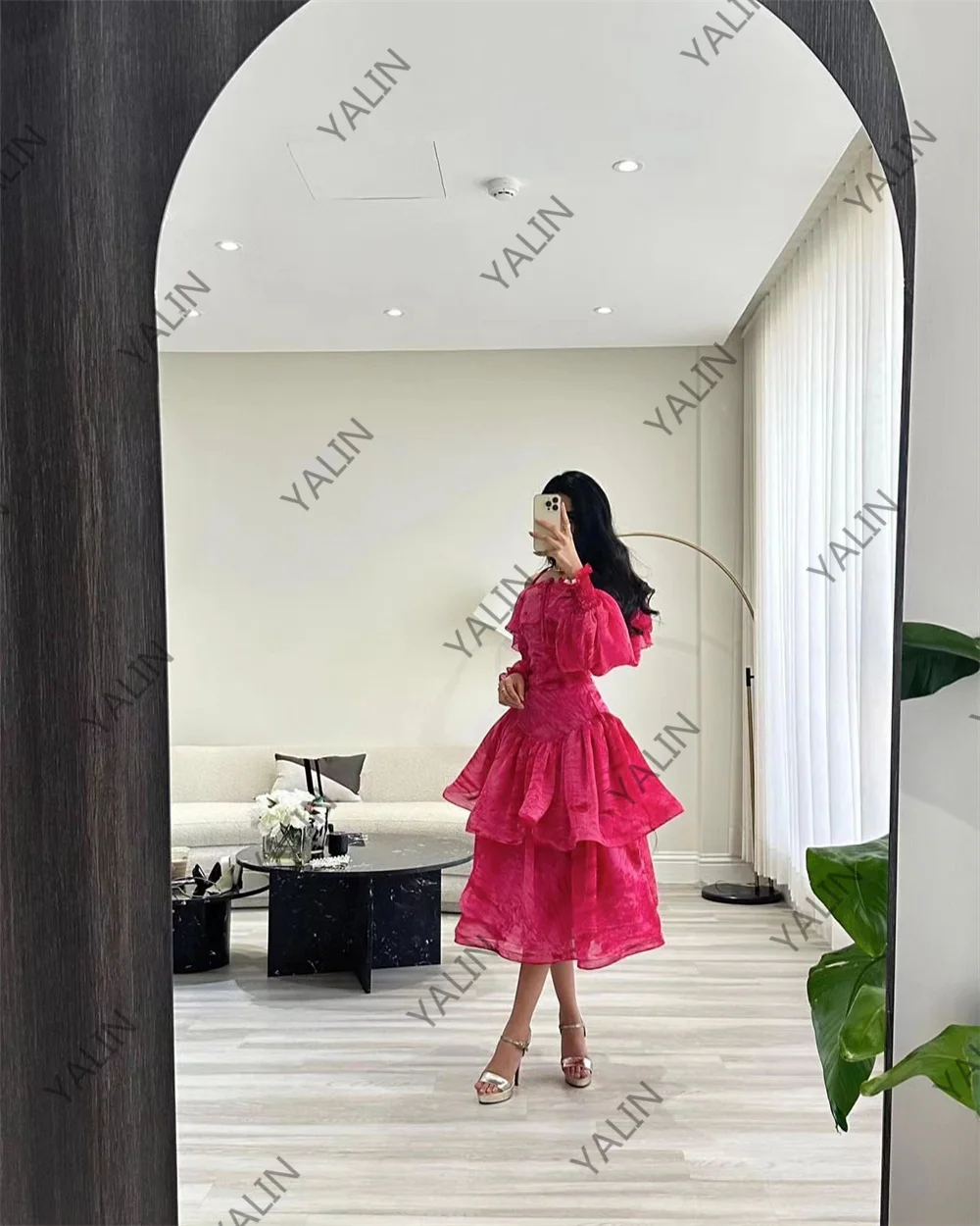 CustomizedTea-Length Prom Gown Off the Shoulder Full Sleeves Homecoming Dresses Tiered Ruffle Birthday Party Dress فساتين للحفلا