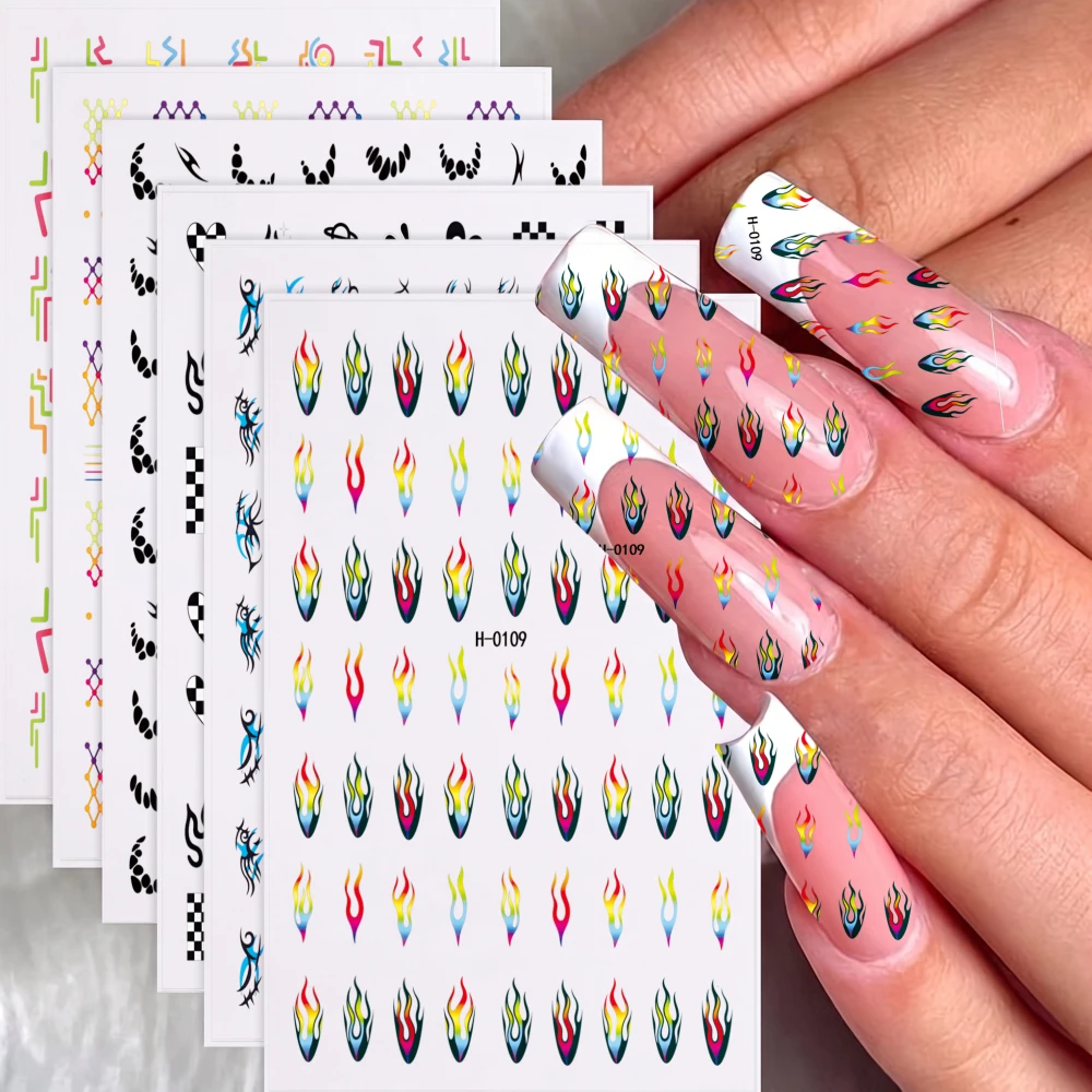 6pcs Y2K Grunge Nail Art Stickers 3D Flame Checkerboard Flash Bolt Fishnet Nail Decals Waterproof Nail Decors for Acrylic Nails*
