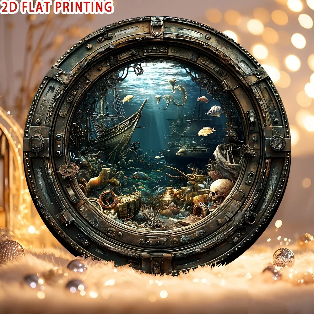 Vintage Sunken Ship Metal Wall Art - 2D Round Aluminum Sign with Treasure Chest Design for Living Room, Bedroom, Office Decor, G