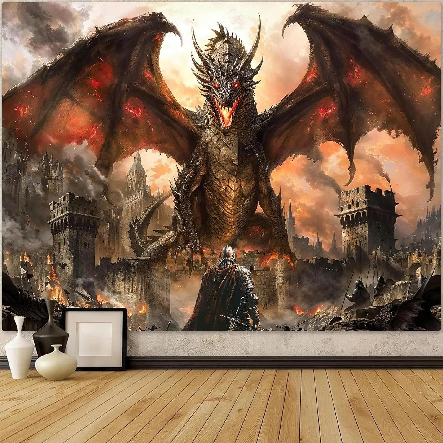 Medieval Dragon Battle Tapestry, Giant Red-Eyed Dragon with Knight & Ruined Castle, Mystical Wall Art for Dorm & Man Cave