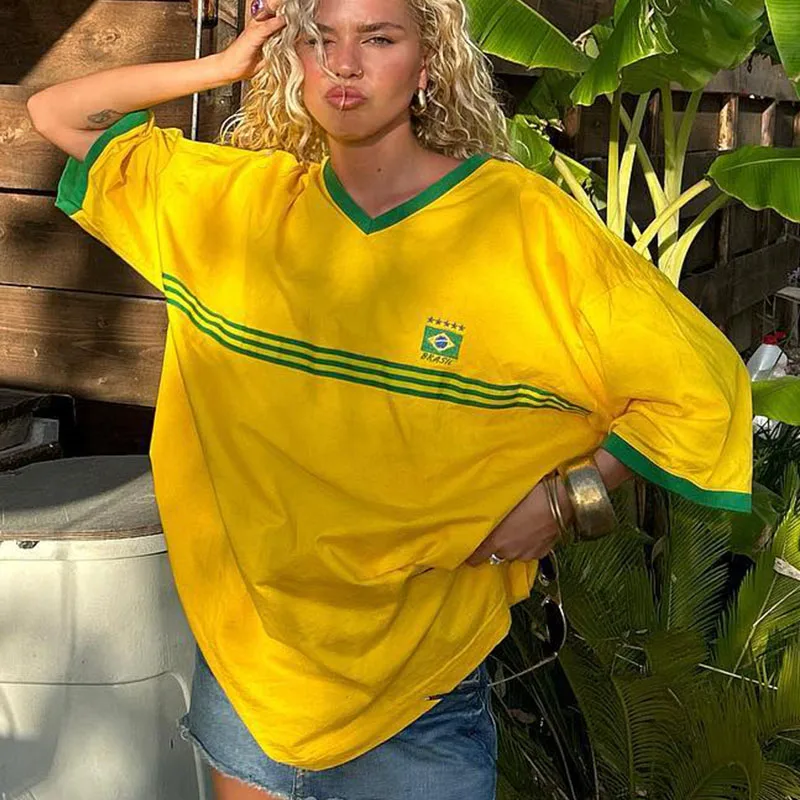 Brazil Embroidery Yellow Casual Popular Loose Medium And Long Sleeves Y2k Clothing Top Oversized T-shirt Summer Beach Women Tees