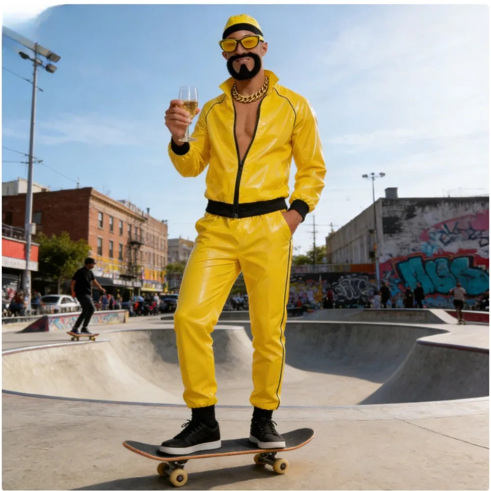 Mens Punk Hip Hop Costume 90s Rapper Shiny Leather Outfit for Stage Performance Party