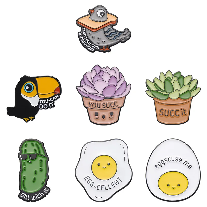 Fun And Creative Wallet Egg Cucumber Succulent Plant Pigeon Shaped Metal Enamel Brooch Cute Cartoon Pin Badge Accessories Gift