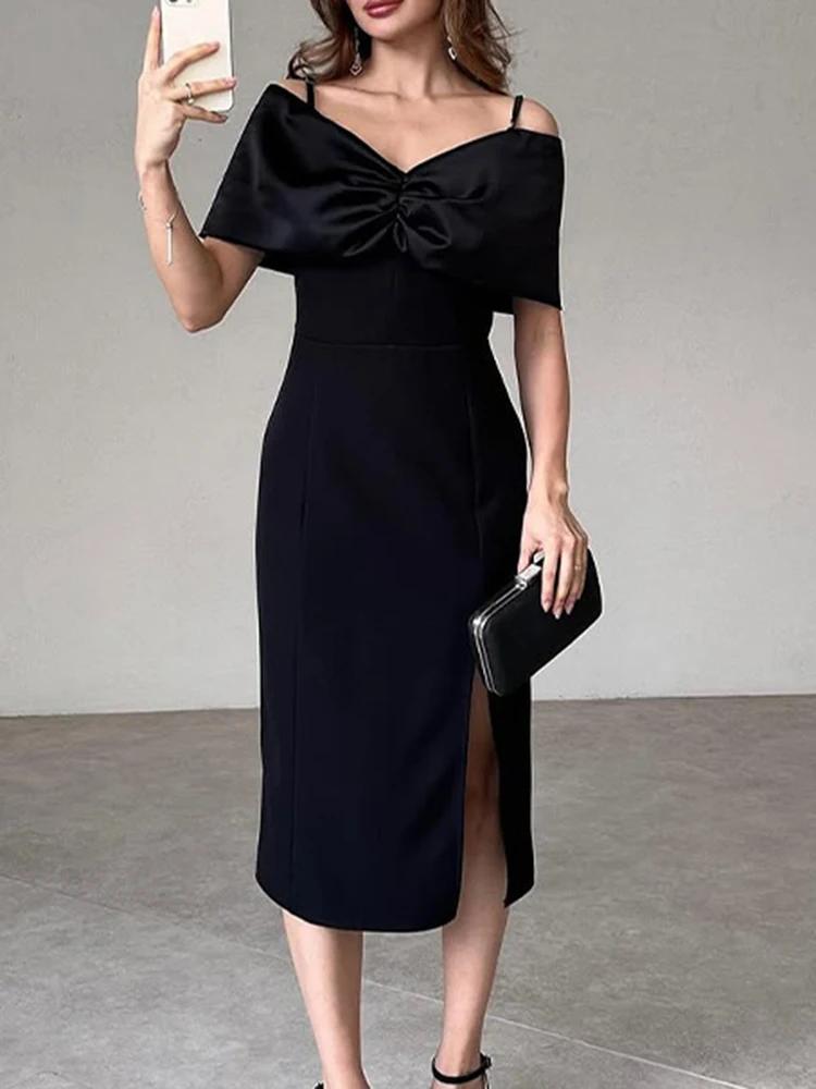 Sukienki z temperamentem, z wycięciami, luksusowe sukienki bankietowe z szalowym kołnierzem, dopasowane, modne satynowe sukienki wieczorowe z odkrytymi ramionami i wysokim stanem.