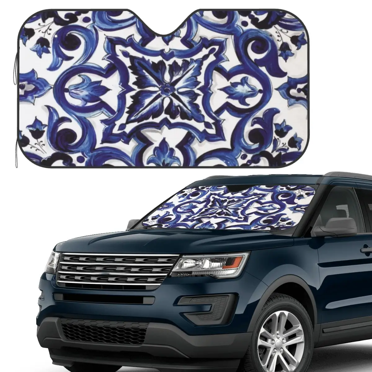 

Blue Ornate Floral Mediterranean Sicilian Tile Sunshade Windscreen Car Front Windshield Window Sun Visor Accessories Covers