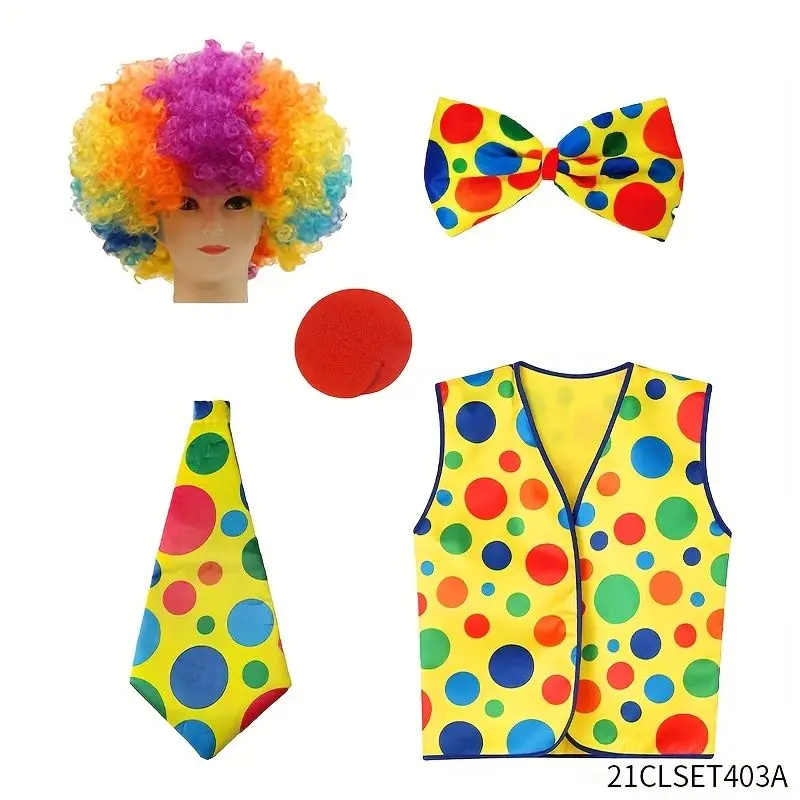 Clown spielt Kostümzubehör: explosive Perücke, gepunktete Weste, Fliege, Krawatte und rote Nase, geeignet für Zirkusaufführungen