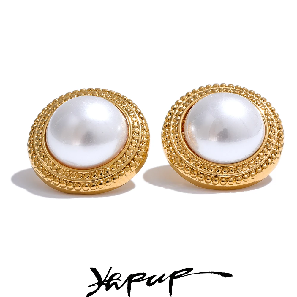 Yhpup Korean Imitation Pearls Round Stud Earrings Anti Allergic Elegant Classic Daily Fashion Gold & Platinum PVD Plated Jewelry