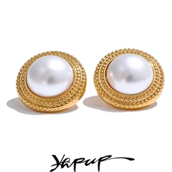 Yhpup Korean Imitation Pearls Round Stud Earrings Anti Allergic Elegant Classic Daily Fashion Gold & Platinum PVD Plated Jewelry