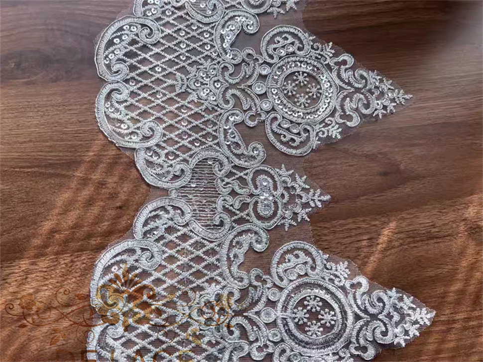 HS Exquisite Stickerei-Spitzenbesatzbretter mit funkelnden Pailletten, einzigartiges Muster, Spitze, PAtch, Hochzeitskleid, DIY-Zubehör