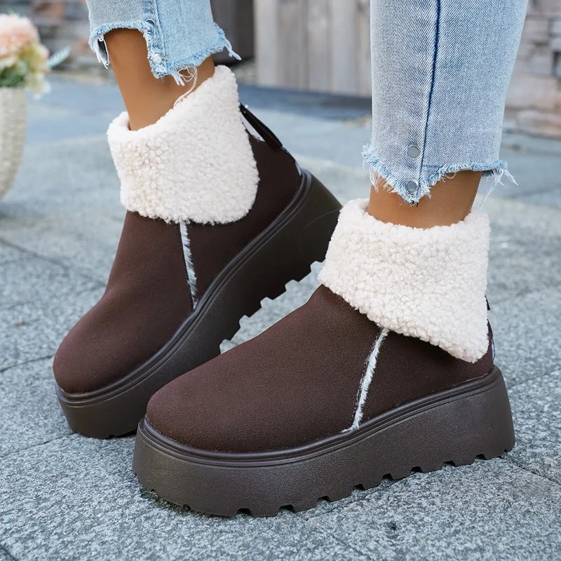 2025 شتاء جديد عالي الجودة سميك القاع صوف مبطن بسيط مريح ودافئ الثلوج الأحذية النسائية الدفء قصيرة التمهيد