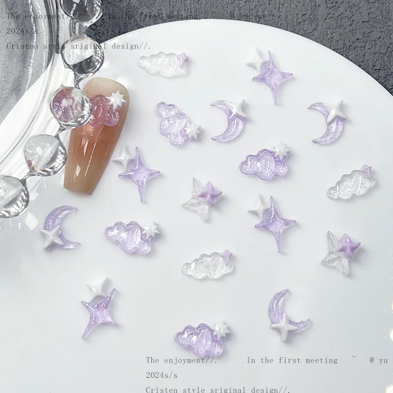 New 50pcs/Bag Purple 3D Lovely Moon Pointed Star Moon Cloud Nail Art Charm Nail Decoration Luminous Ins Style Nail Accessories