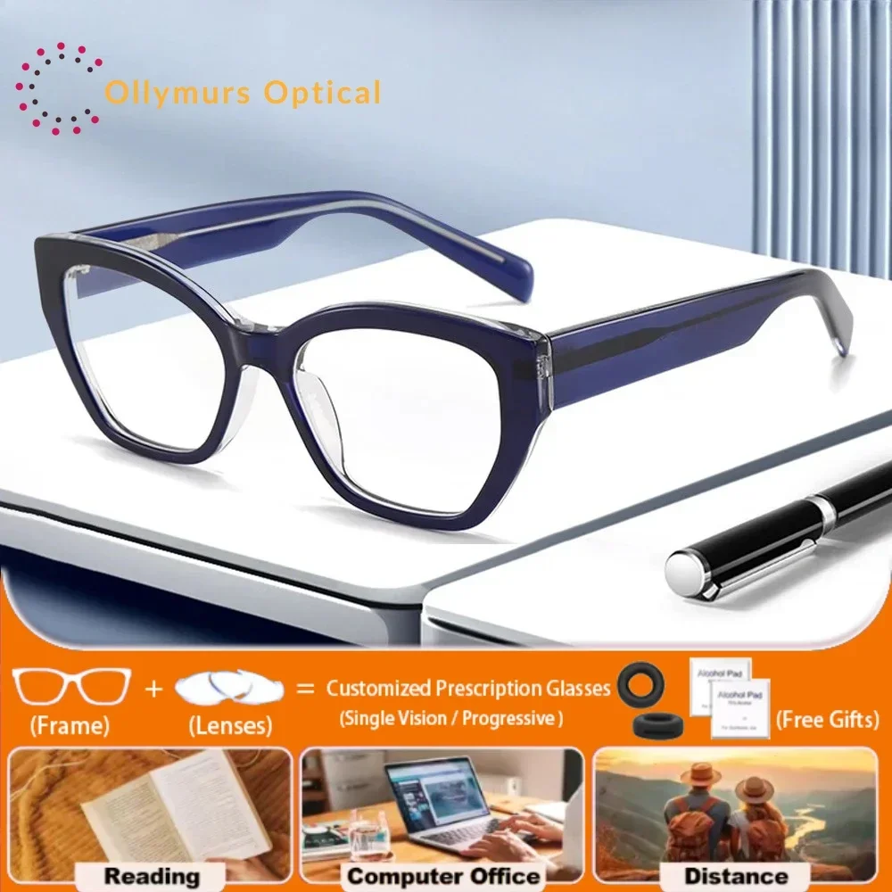 

Модные женские очки Ollymurs из ацетата в форме кошачьего глаза для коррекции близорукости, с защитой от синего света, фотохромные, прогрессивные, для чтения