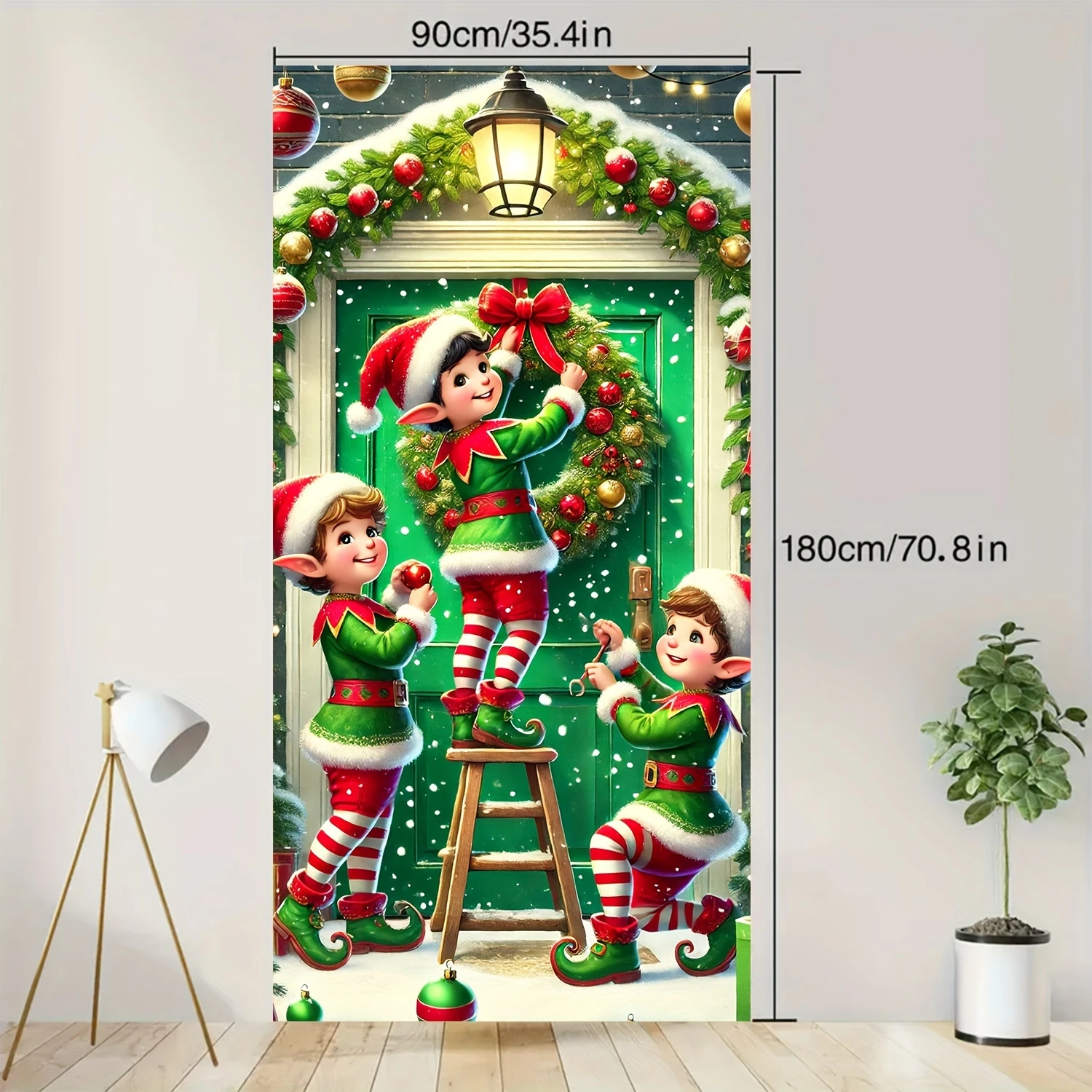 Christmas Elves Wreath Door Cover - 35.4x70.8in, Versatile Holiday Decor for Entryway & Room