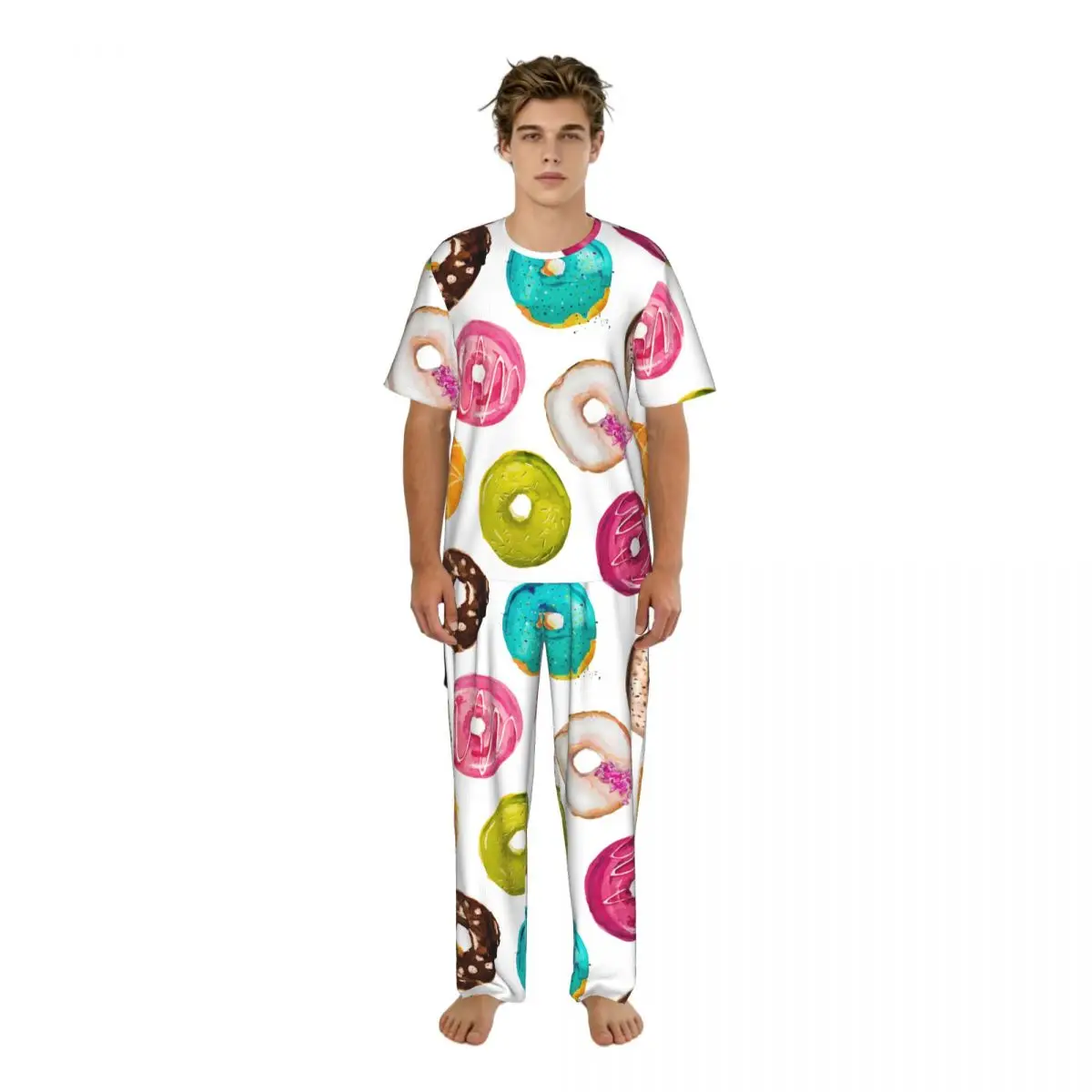 

Men Pajamas Set Watercolor Donuts Cute Short Sleeve Spring Summer Lounge Sleepwear Male Nightwear