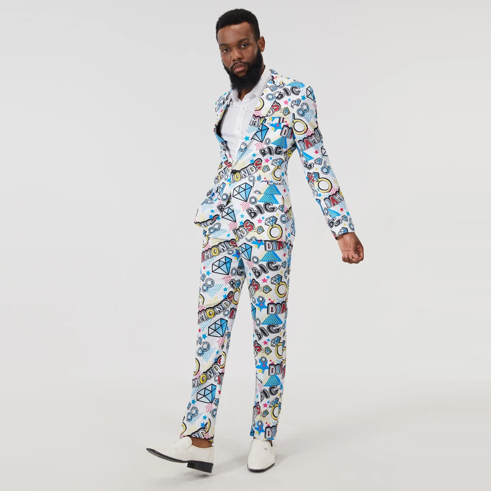Mens New Fashion Print Suits Set 2PCS (Blazers + Pants) Man Slim Fit Party Stage Costumes Coat Casual Slim Fit Jacket