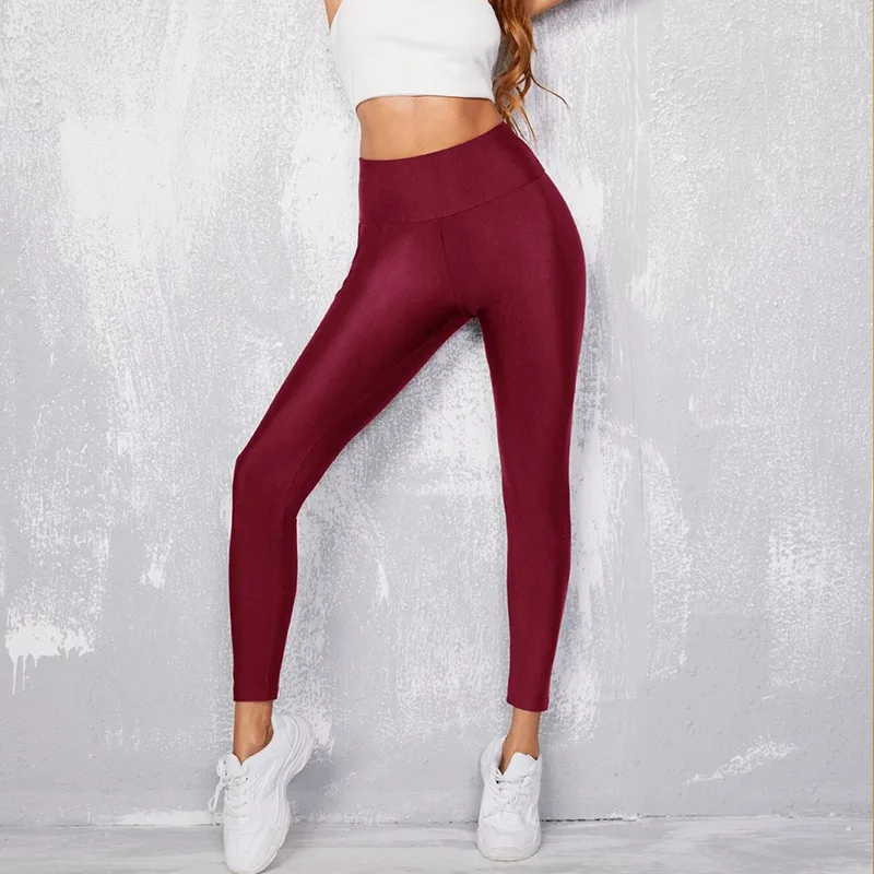 Mulheres silm metálico tira calças coloridas brilhantes yoga esportes wear leggings cintura alta cor sólida calças elásticas