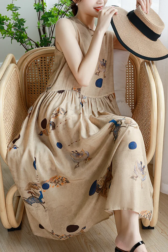 

Шелковый женский жилет с художественным принтом, длинная юбка А-силуэта с высокой талией, круглый вырез, для повседневной носки, летняя мода