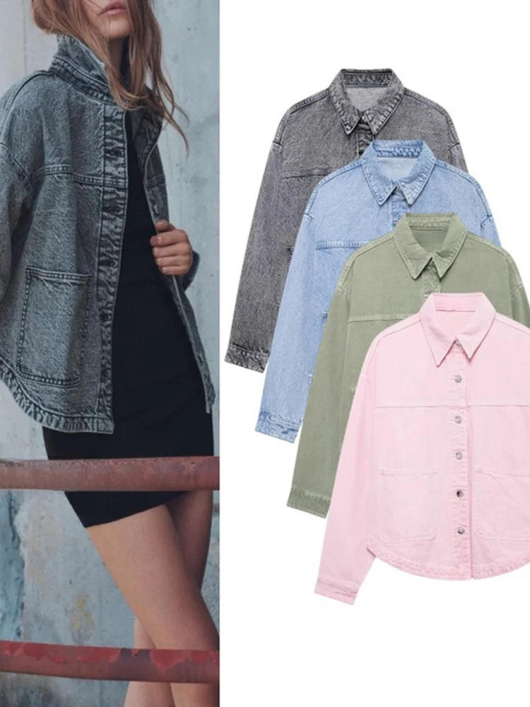 

Американская рабочая одежда Sle Long Sve Denim Jaet с отложным воротником Big kets Повседневная верхняя одежда для молодых женщин