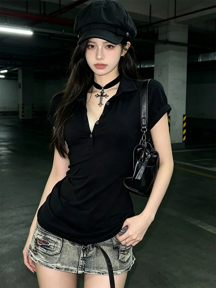 Grafisches Harajuku POLO-Kragen Einfarbiges Kurzarm-Damen-T-Shirt 90er Jahre Kleidung Vintage Damen Trashy Y2k 2000er Jahre Tops Gothic – Detail 6