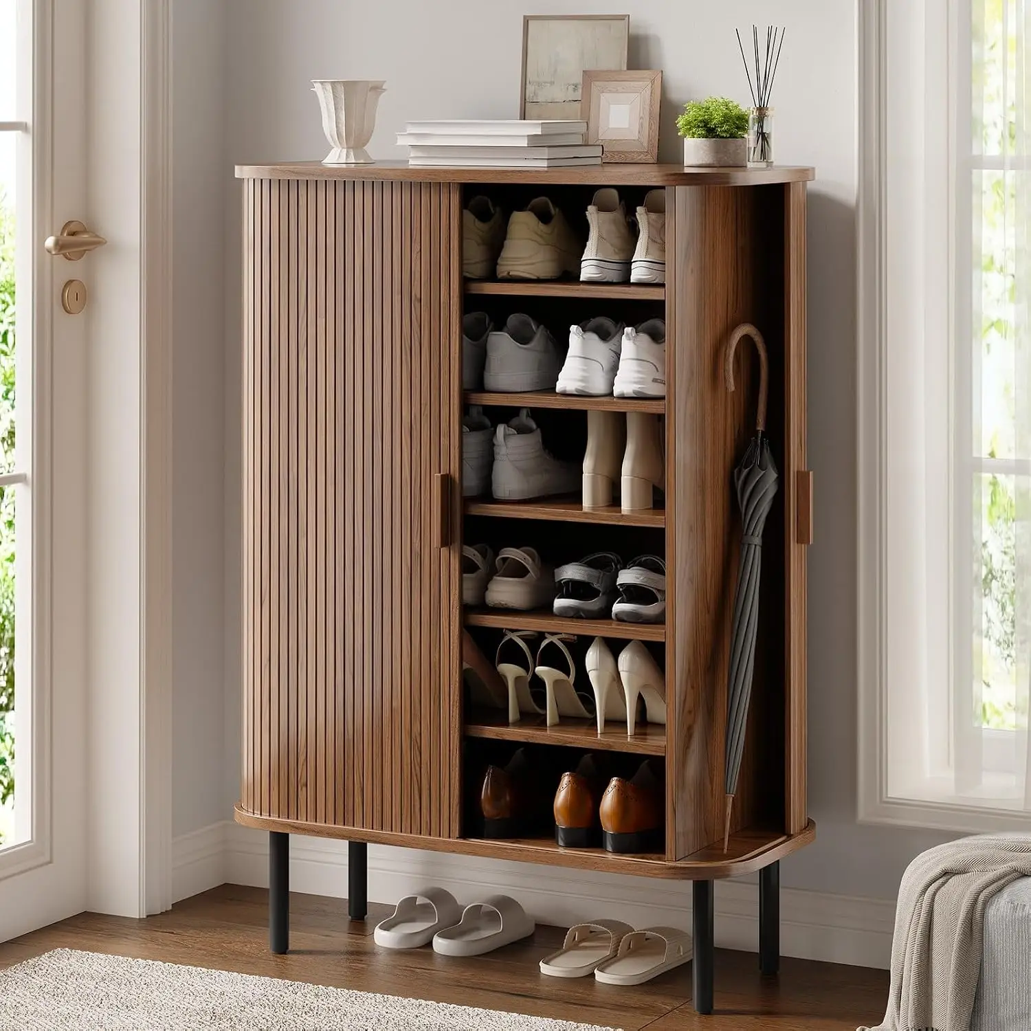 Shoe Storage Cabinet with Sliding Doors, 6-Tier Entryway Shoe Rack, Customized