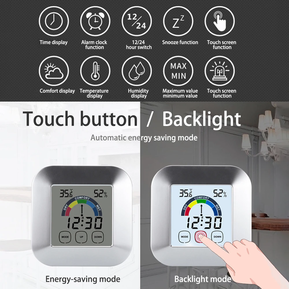 LCD Digital Temperature and Humidity Meter Wireless Temperature and Humidity Monitor Touch Electronic Weather Clock Backlight