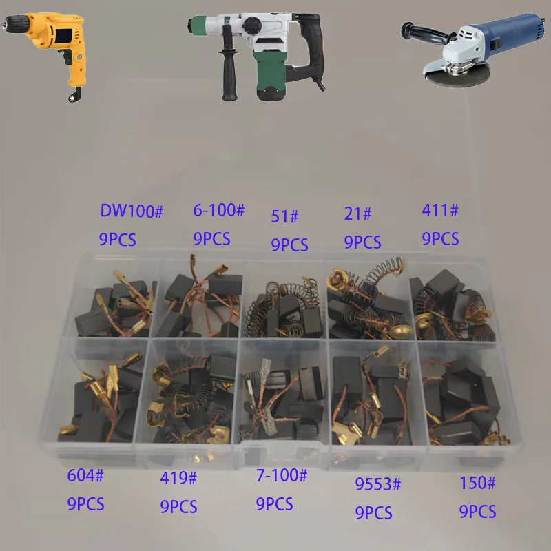 

90Pcs, 10 Specifications, 9Pcs Per Specification, Electric Tool Carbon Brushes, Suitable for Various Types of Electric Hammers, Angle Grinders, Electric Drills, Etc., Repair and Replacement Parts for Electric Tools