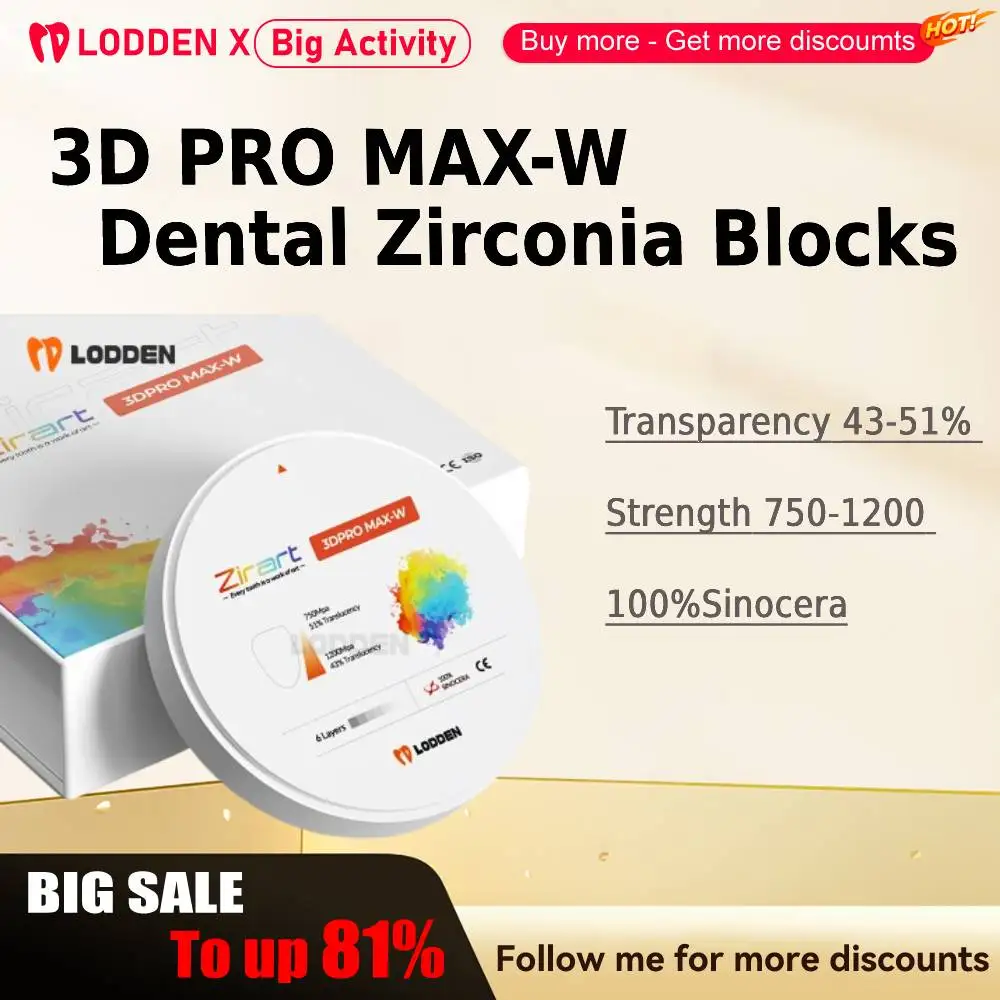 

LODDEN 3D PRO MAX-W Dental Zirconia Blocks Multilayer Zirconia Disc Lab Materials CAD CAM 98mm Multi-Layer 3DPRO Zirconia