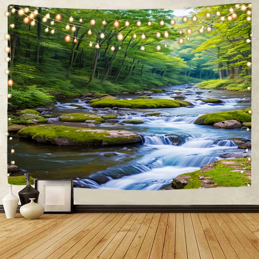 

Forest Creek Waterfall Landscape Comic Background Decoration tapestry Spring Green Landscape Decoration tapestry