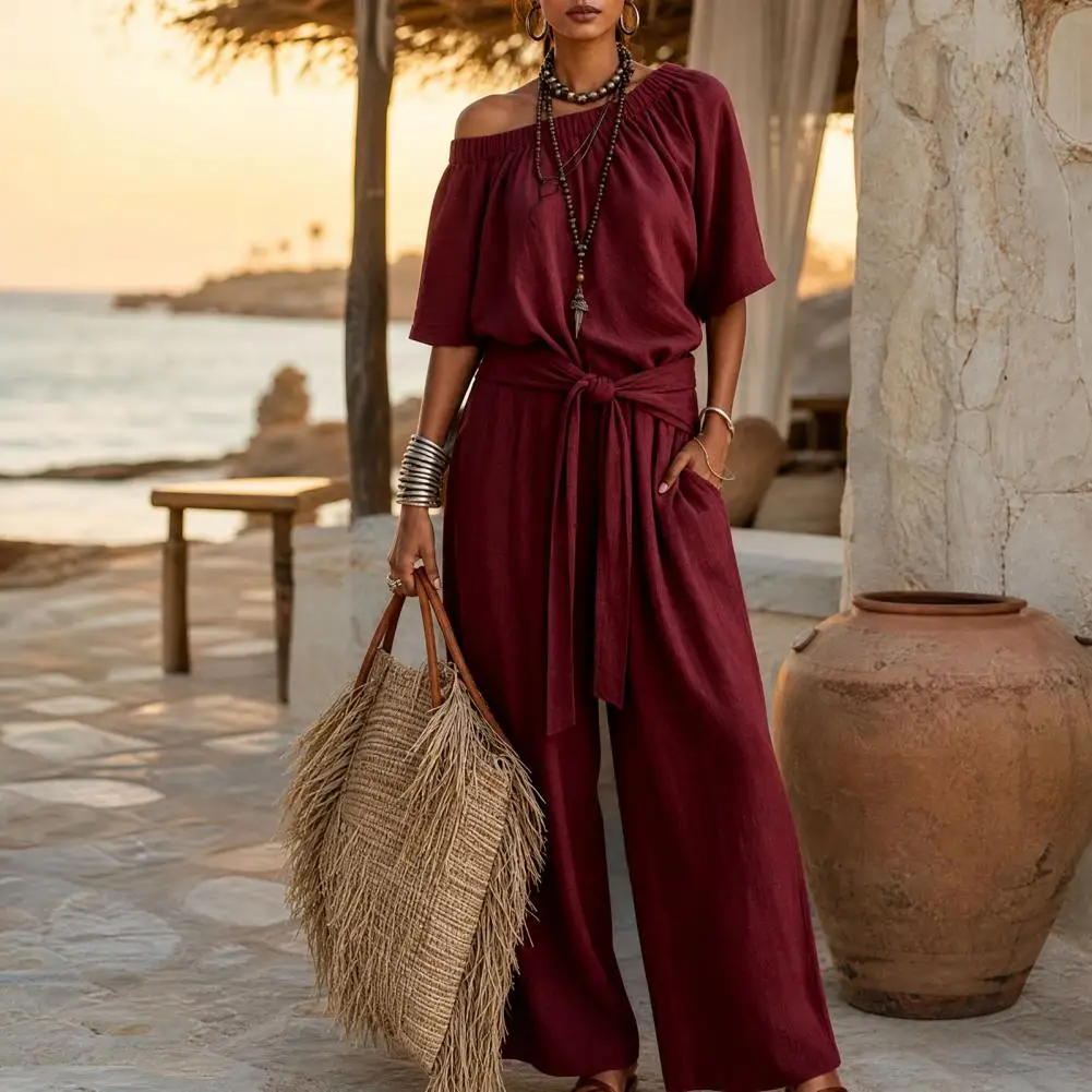 Simple Design Jumpsuit Women's Off Shoulder Jumpsuit with Tie Waist Short Sleeve Wide Leg Rompers Summer Casual One Piece Outfit