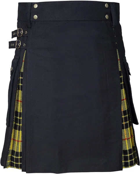 Plus Size Scottish Hybrid Cotton e Tartan Utility Kilts, couro Straps Kilts para homens, preto