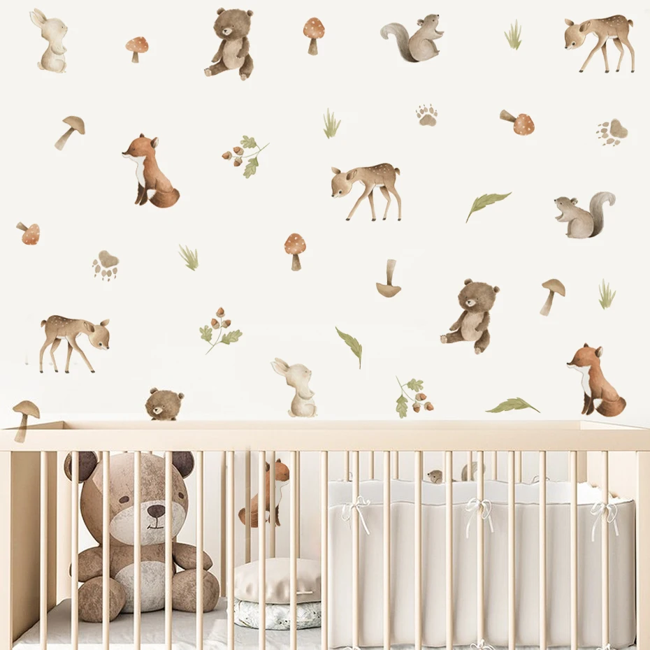 

Watercolor Woodland Animals Bear Deer Leaf Wall Stickers for Kids Room Bedroom Living Room Home Decoration Wall Decals Murals