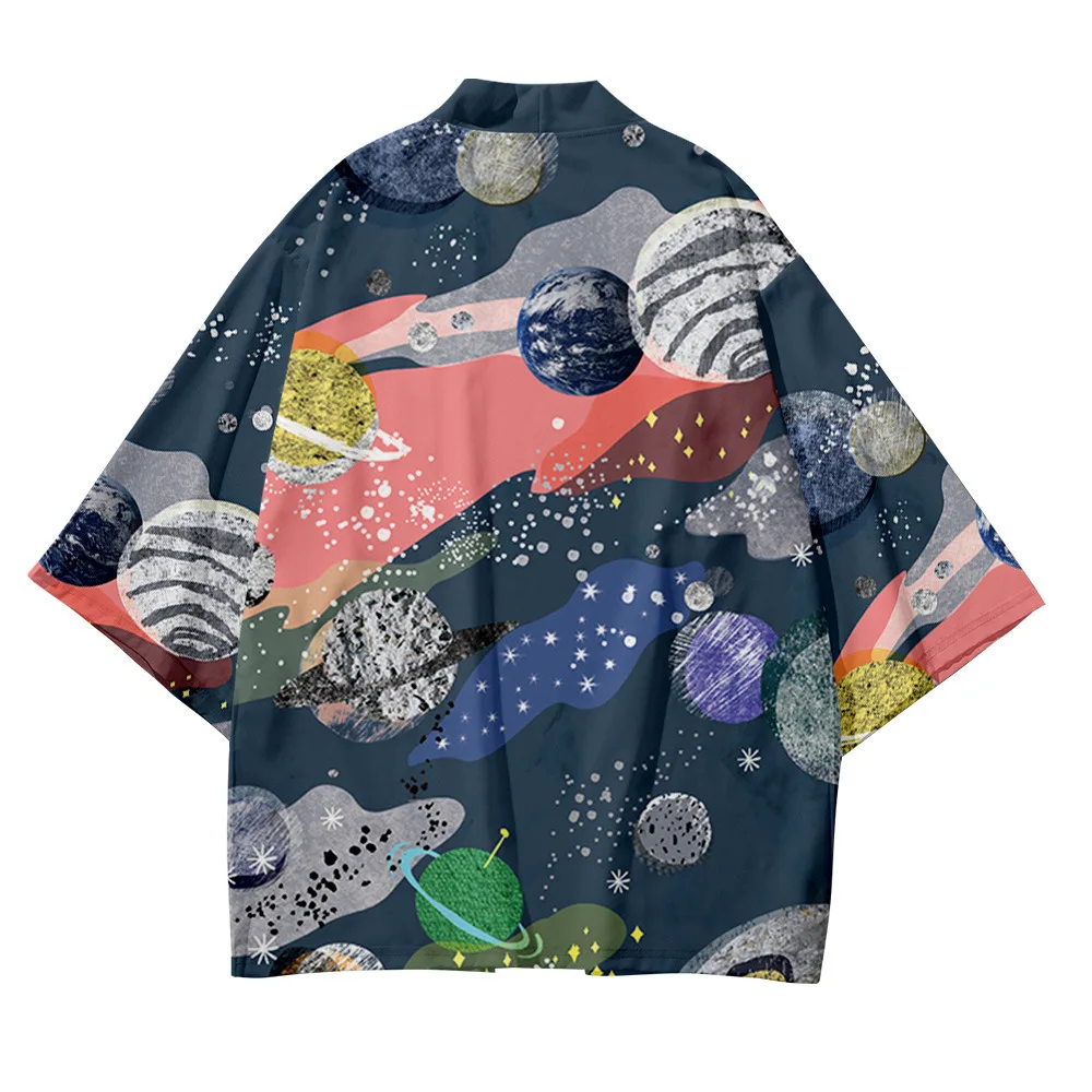 Kimono universo planeta impressão camisa tradicional haori vestuário feminino harajuku japonês moda streetwear cardigan yukata