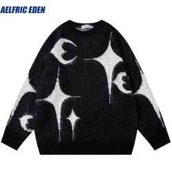 Aelfric Eden Men Streetwear Sweater Star Moon Graphic Knitted Sweater Hip Hop Pullover Cotton Harajuku Sweater Soft Y2K Black