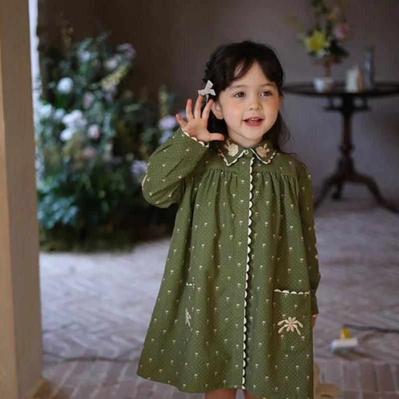 

Cute Girls Dress Retro Green Embroidery 2023 Spring Autumn New Long Sleeve Princess Style Causal All-match Korean Version