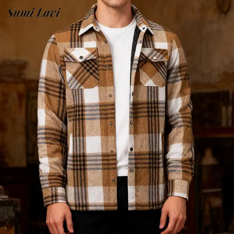 

Новые повседневные мужские клетчатые пальто, осенне-зимние теплые утепленные куртки, винтажные мужские клетчатые кардиганы на пуговицах с отложным воротником